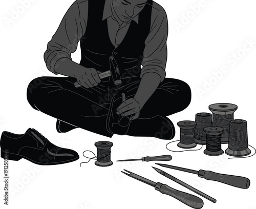 Shoemaker cobbler silhouette illustration, traditional craftsmanship repair concept, artisan hammer thread tools vector art, footwear making maintenance scene - flavector