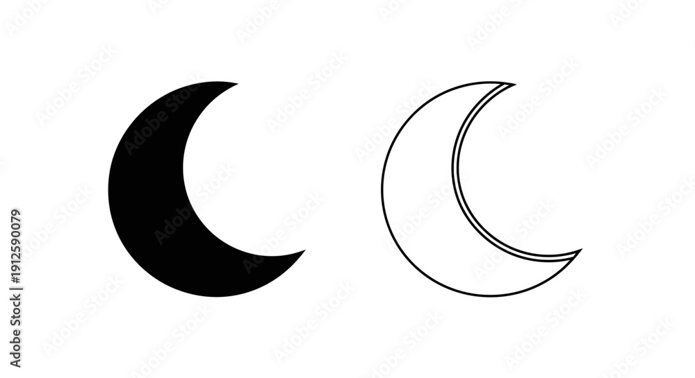 Obraz premium Minimalist vector crescent moon icons in solid black and outline styles, isolated on a transparent background, perfect for UI design or app interfaces.
