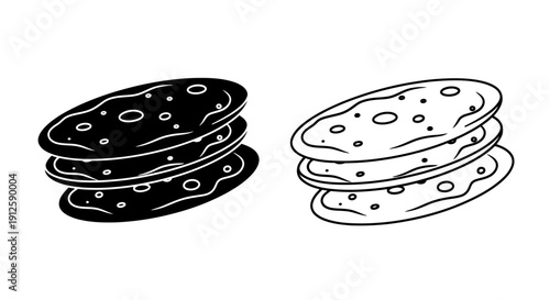 Vector illustration of a stack of three flatbreads with irregular shapes and textured surfaces, presented in both solid black and outline styles, isolated on a transparent background.