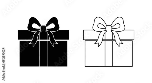 Vector black silhouette and outline gift box with a decorative bow, isolated on a transparent background, suitable for icons or UI elements.