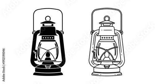 Vector illustration of a black silhouette and outline drawing of a vintage kerosene lantern, isolated on a transparent background.