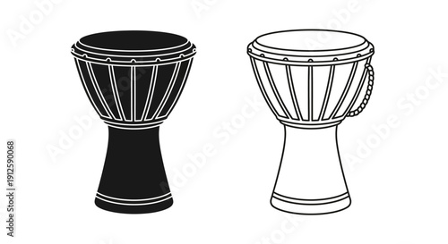 Vector illustration of two djembe drums, one solid black and one outline, isolated on a transparent background for musical instrument icons or cultural designs.