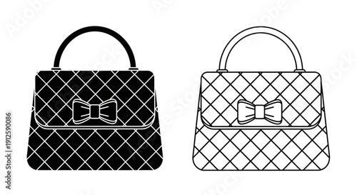 Vector illustration of two elegant quilted women's handbags with bow details, one solid black and one outline, isolated on transparent background.