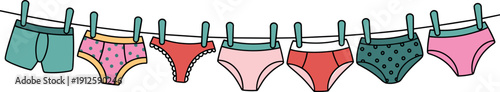 Colorful flat vector illustration of various men and women underwear styles hanging on a laundry clothesline with green pins for retail, fashion, or domestic chores themes.