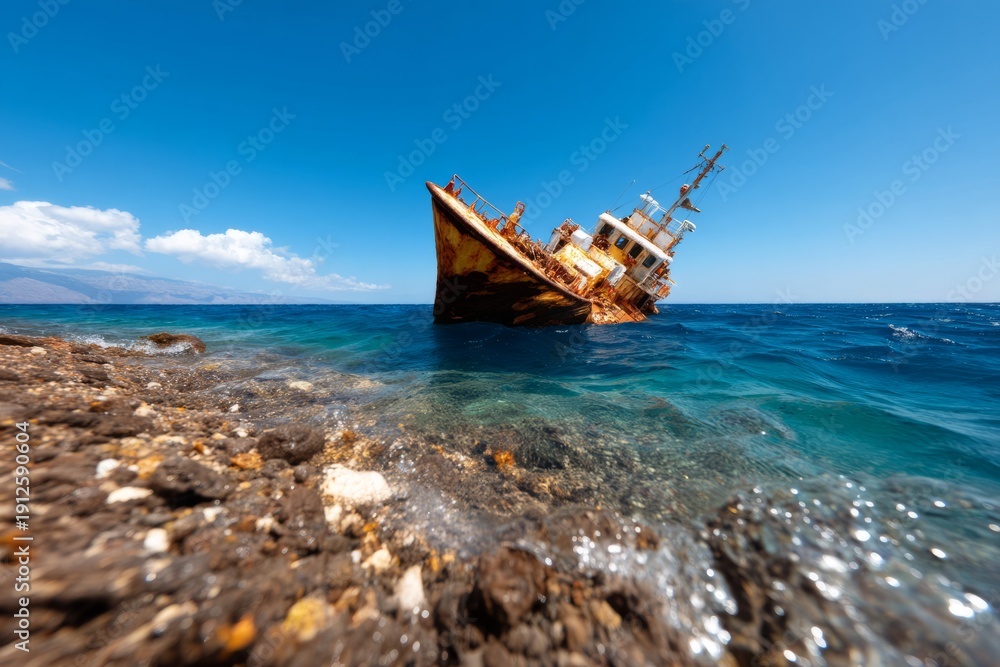 Fototapeta premium Shipwreck Part Resting on Ocean Floor in Deep Blue Waters Under Clear Sky