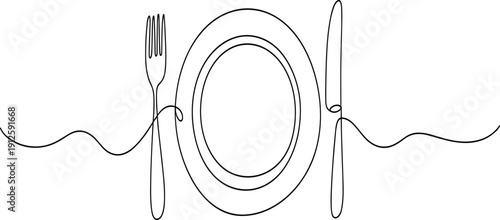 Minimalist line of a plate with a fork and knife on either side and wavy lines extending outwards