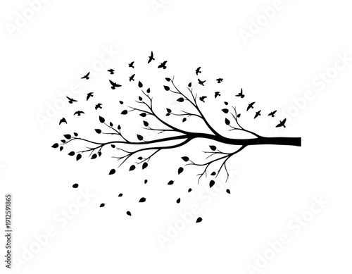 Flock of Birds Taking Flight from Tree Branch