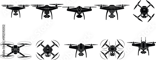 Drone quadcopter silhouette collection, aerial camera UAV vector set, flying technology icons, modern unmanned aircraft illustration packv