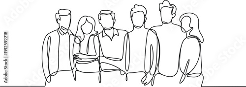 Six people standing together in a line facing different directions in a minimalist line style
