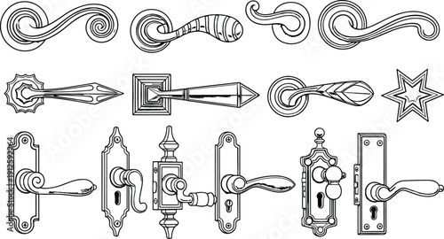 Vintage decorative door handles and ornate knobs vector illustration detailed black and white hand drawn hardware collection set