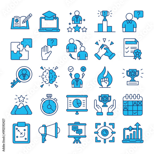 25 Premium Mentoring and Training Icon Set with Filled Blue Lines – Professional Coaching & Skill Development Collection