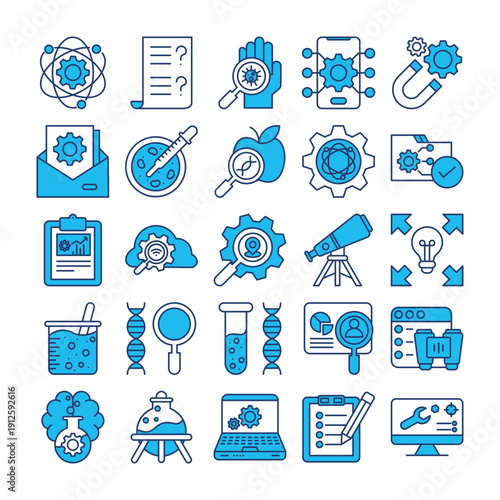 25 Premium Research and Development Icon Set with Filled Blue Lines – Innovation & Technology Collection