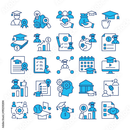25 Premium Scholarship Icon Pack with Filled Blue Lines – Education & Academic Achievement Collection
