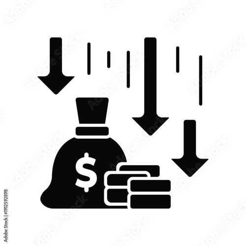 Black and white icon illustrating financial decline, economic recession, and money loss with a dollar bag, coins, and multiple downward arrows.