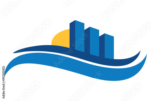 Modern Real Estate Logo with Abstract Waves and Skyline