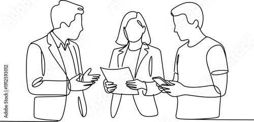 Three people in business attire discussing documents in a setting meeting