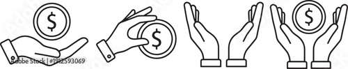 Set of Financial Line Icons Featuring Hands Holding Dollar Coins – Concepts for Investment, Savings, Charity, and Banking Rewards - stock vector.