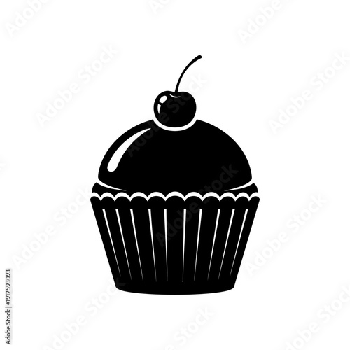 Cupcake Silhouette Illustration with Cherry on Top, Sweet Bakery Logo Concept, Minimalist Dessert Vector for Cafe Menu