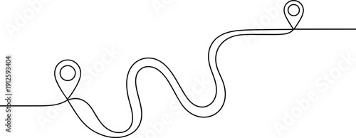 Two black location pins connected by a wavy line on a white background navigation route