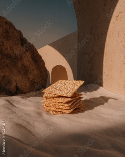 Pile of fresh matzah stacked on white fabric for traditional Jewish Passover holiday celebration on a desert background with warm sunlight and copy space
