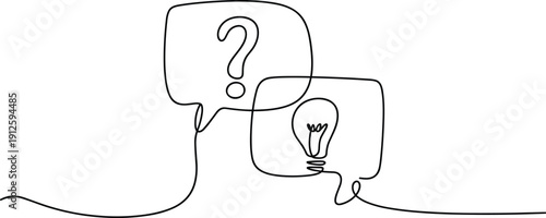 Two speech bubbles one with a question mark and the other with a light bulb black and white line idea 1