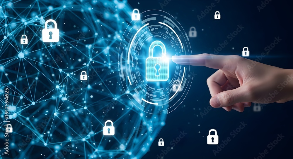 Fototapeta premium A person points to a digital padlock on a glowing cybersecurity network interface.