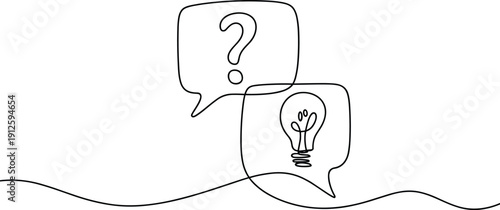 Two speech bubbles one with a question mark and the other with a light bulb black and white line idea