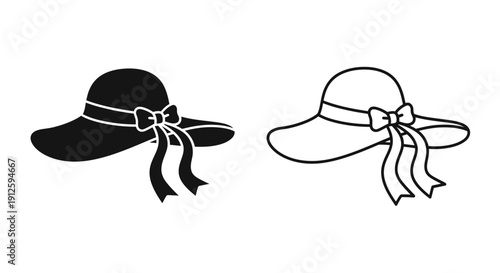 Vector illustration of two elegant wide-brimmed sun hats with decorative bows, one solid black and one outlined, isolated on a transparent background.