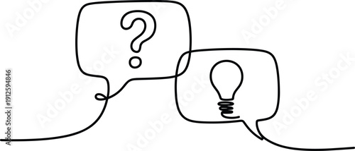 Two speech bubbles one with a question mark and the other with a light bulb black and white simple