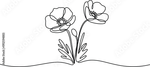 Two White Line Flowers with Green Stems and Leaves on a Wavy Line Background line stems