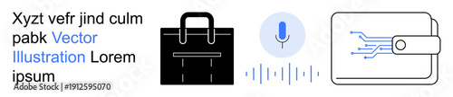 Digital security, file protection, online transactions, voice recognition, business solutions, tech innovation. Briefcase, microphone and digital wallet symbols. Digital security and file protection