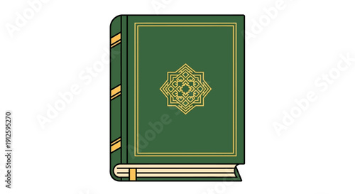 Green Islamic Holy Book with Golden Emblem on Cover.