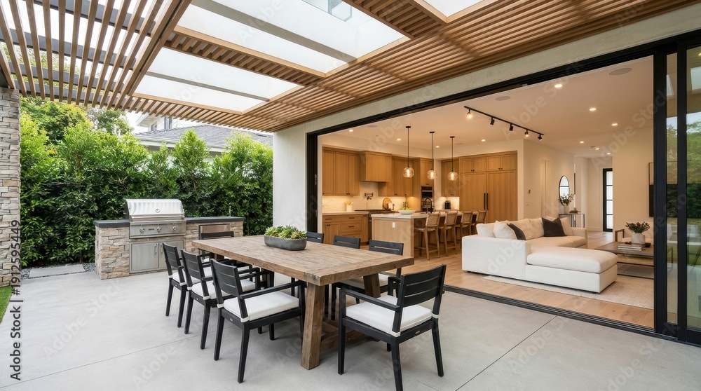Fototapeta premium Outdoor dining area and modern kitchen with living room view outdoor dining table
