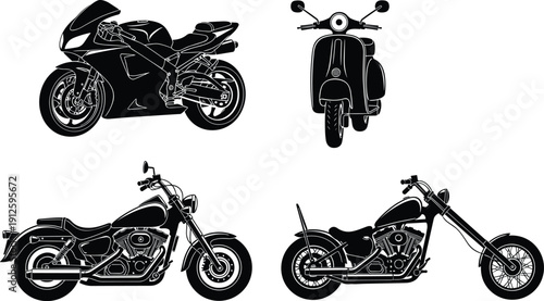 Motorcycle, scooter, chopper, bikes, set, silhouette, transport, vehicle, vector, illustration, motorbike, riding, speed, design, black, collection, isolated, graphic, machine, icon