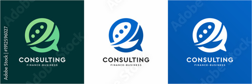 Modern Letter e with Consulting Finance Business Logo Template. Vector icon upward and speech bubble concept.