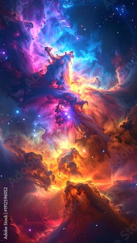 A vibrant cosmic scene with swirling clouds of gas and stars