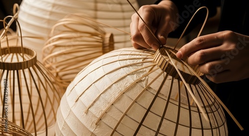 Hands crafting traditional bamboo lanterns with intricate woven designs in a workshop setting