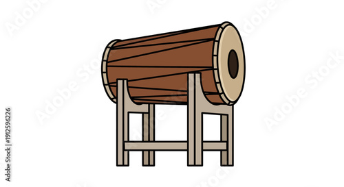 Traditional wooden drum on a simple stand, cultural percussion instrument, rhythmic heritage.