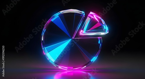 Neon glowing pie chart with missing slice on dark background