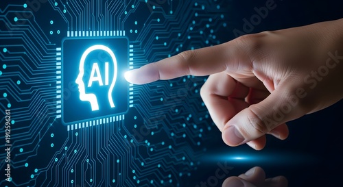 Human finger touching AI icon over digital circuit board interface