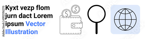 Financial services, global business, economic research, online payment systems, market analysis, currency issues. Wallet with coins, magnifying glass globe symbol. Financial services and global