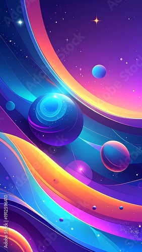 A vibrant, cosmic scene with colorful, swirling shapes and spheres