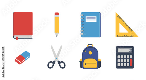 Comprehensive collection of school supplies icons featuring a red book, yellow pencil, blue notebook, triangle ruler, eraser, scissors, backpack, and calculator.