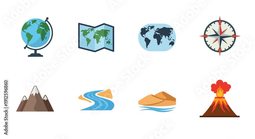 Comprehensive Set of Flat Geography and Nature Icons Featuring World Map, Globe, Compass Rose, Snow-capped Mountains, River, Desert Dunes and Erupting Volcano.