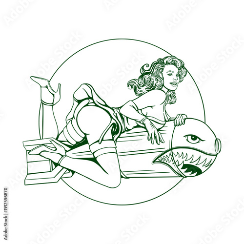 Quadro em tela Vintage pin up girl riding rocket bomb retro line art illustration