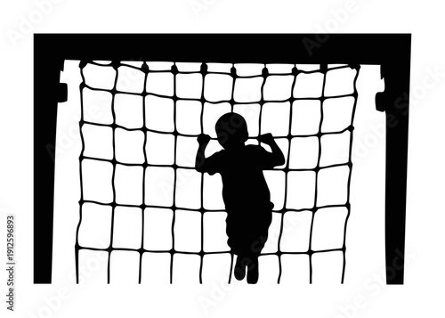 SILHOUETTE OF CHILDREN CLIMBING A ROPE NET