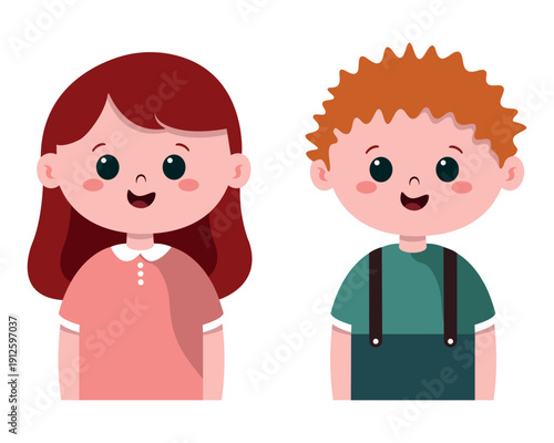 Boy and girl. Cute smiling kids portraits boy and girl characters flat illustration happy children faces siblings friendship childhood avatar set isolated