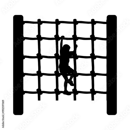 SILHOUETTE OF CHILDREN CLIMBING A ROPE NET