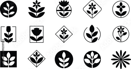 Minimalist floral logo icon set with modern botanical elements, abstract flower symbols, plant silhouettes in geometric frames, black and white vector collection