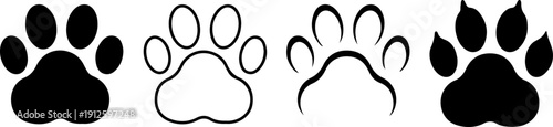 Paw footprint icon set, cute animal track collection, dog or cat paw print icons in different style.